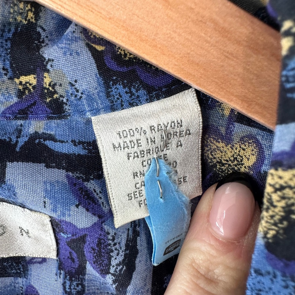Vintage Camp Shirt Mens Medium Blue Abstract Print Rayon 80s Direction Vacation - Picture 6 of 9